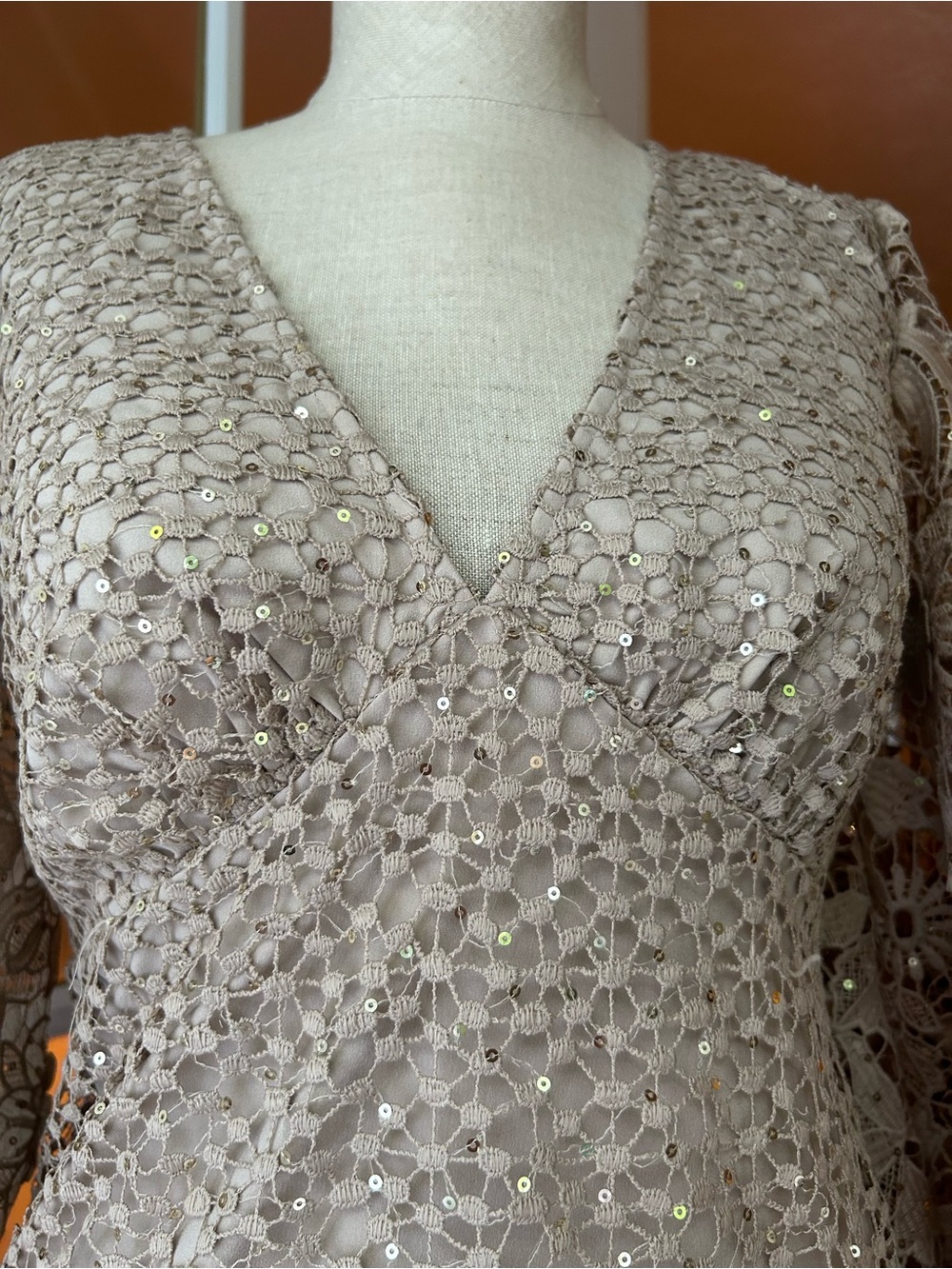 French Connection Nude Caballo Lace Sequined Mini Dress. Sz. 6 - Picture 3 of 15